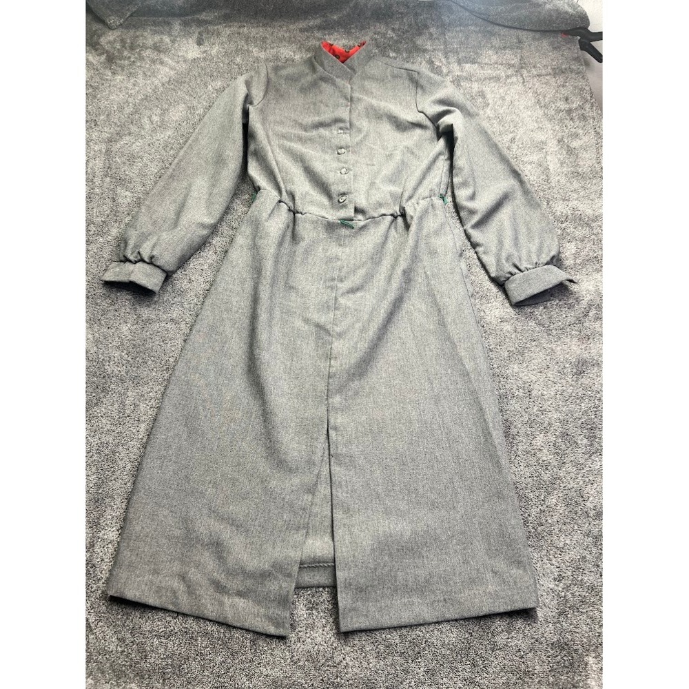 Vicky Vaughn Vintage Gray Long Sleeve Midi Dress Red Paisley Collar Trim